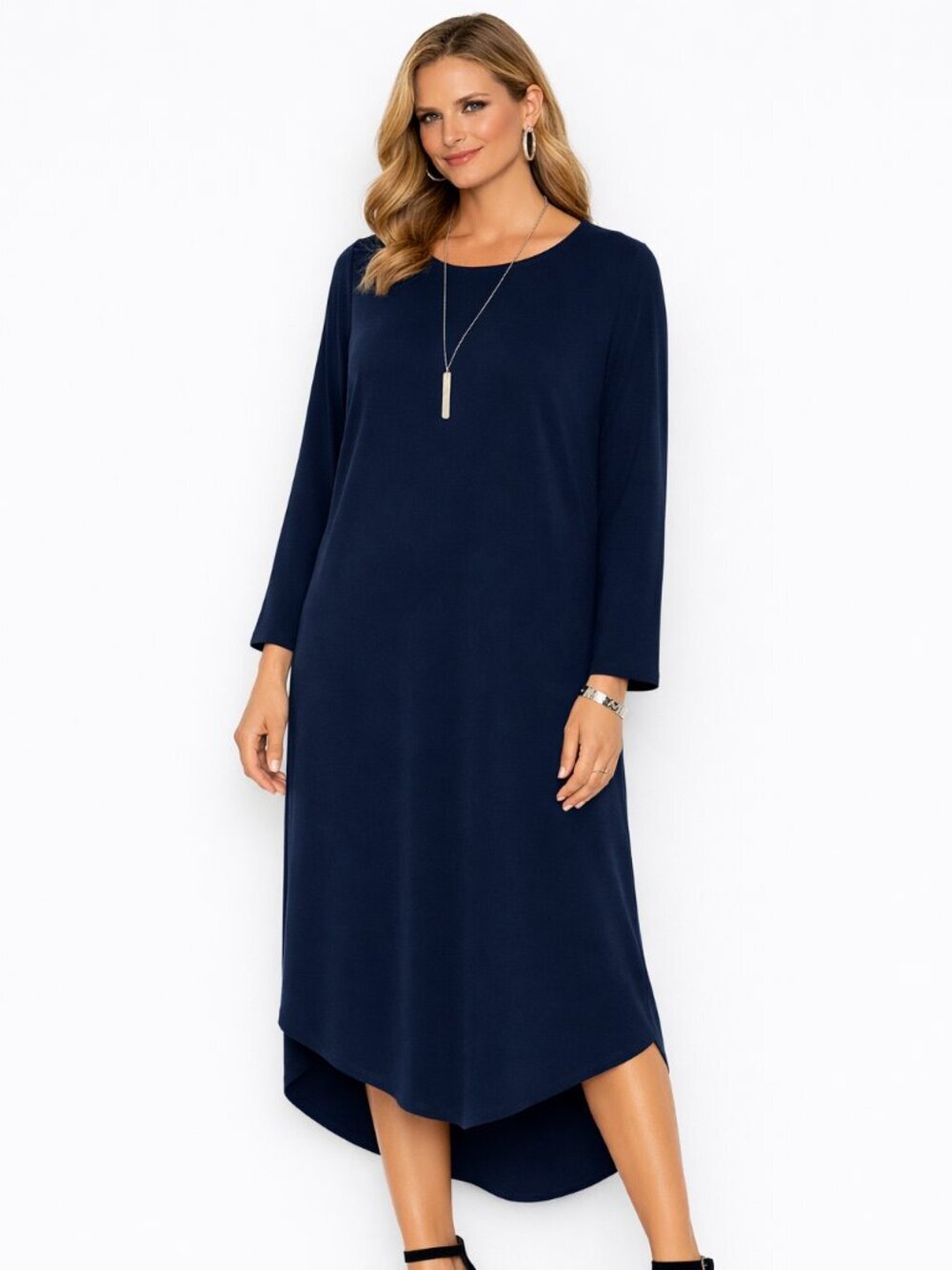 Long Navy Dress with Open Front Slit and Long Sleeves (E11)
